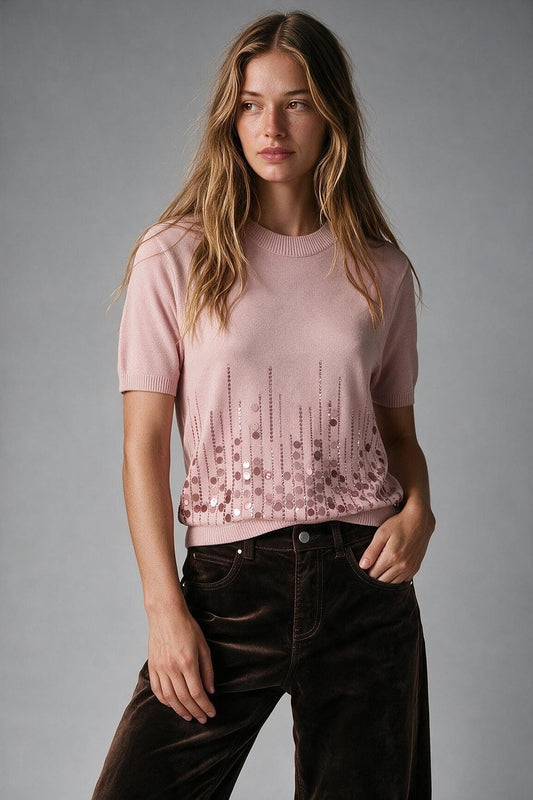 Light Pink Fine Knit Sequin Hem Short Sleeve Top - Tops