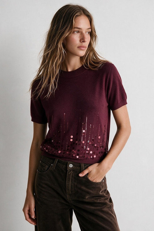 Burgundy Fine Knit Sequin Hem Short Sleeve Crew Neck Top - Tops