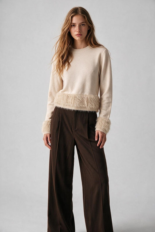 Cream Fine Knit Faux Fur Trim Cropped Sweater - Jumpers