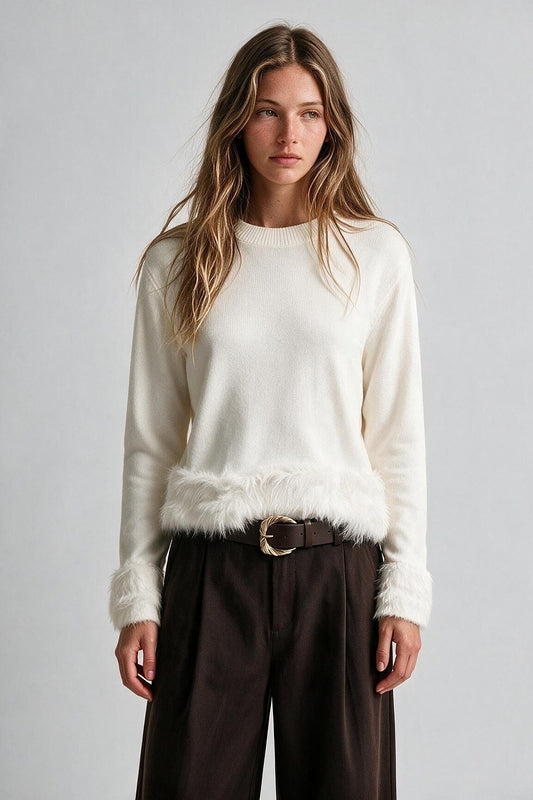 Cream Fine Knit Faux Fur Trim Crew Neck Sweater - Jumpers