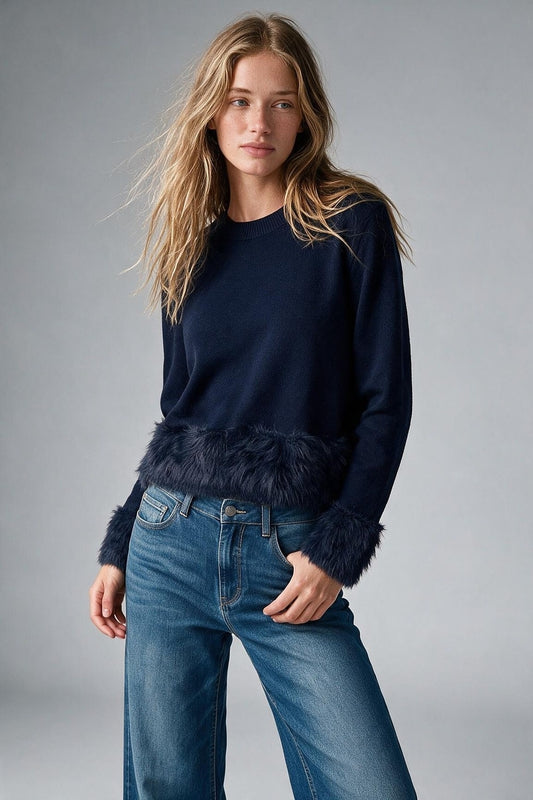 Navy Fine Knit Crew Neck Faux Fur Trim Cropped Sweater - Jumpers