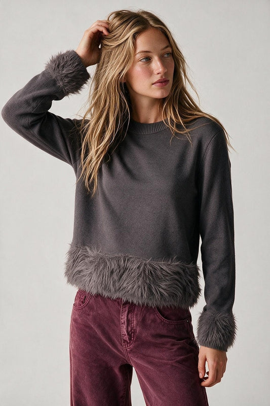 Grey Fine Knit Faux Fur Trim Crew Neck Sweater - Jumpers