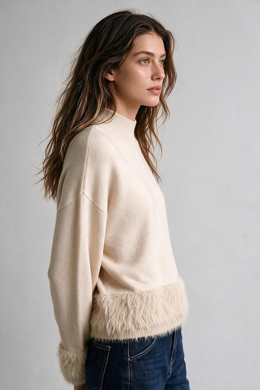 Cream Soft Knit Mock Neck Faux Fur Trim Sweater - Jumpers