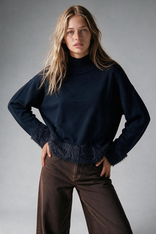 Navy Soft Knit Faux Fur Trim Turtleneck Sweater - Jumpers