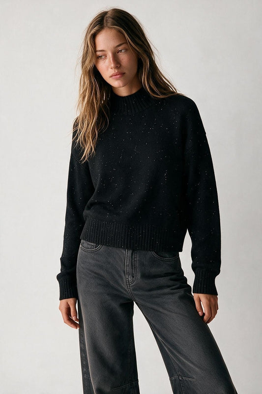 Black Embellished Sequin Soft Knit Ribbed Mock Neck Sweater - Jumpers