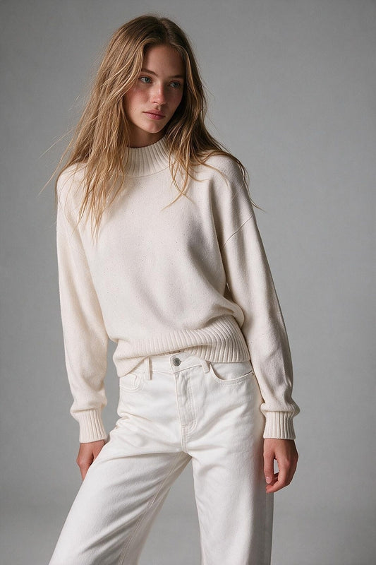 Cream Embellished Sequin Brushed Knit Mock Neck Ribbed Sweater - Jumpers
