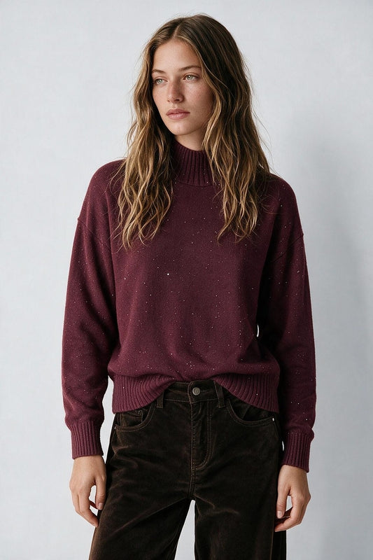 Burgundy Embellished Sequin Soft Knit Ribbed Turtleneck Long Sleeve Sweater - Jumpers