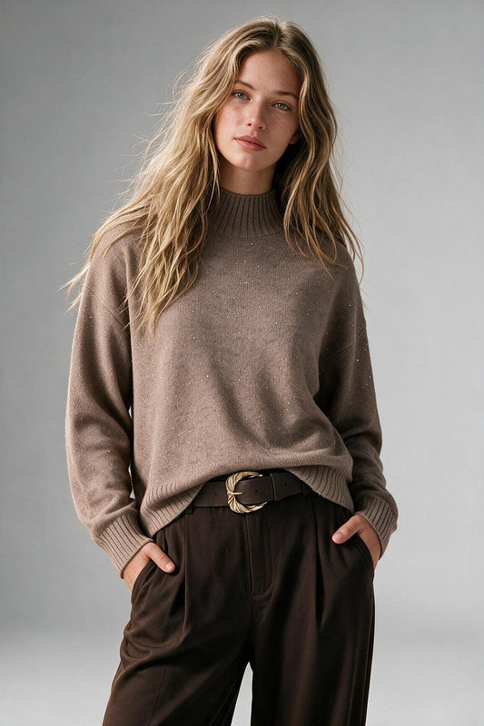 Camel Embellished Sequin Soft Knit Ribbed Trim Mock Neck Sweater - Jumpers