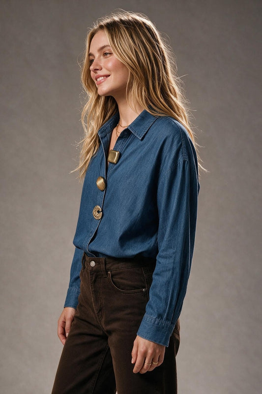Denim Blue dark Wash Chambray Gold Button Shirt - Shirts
