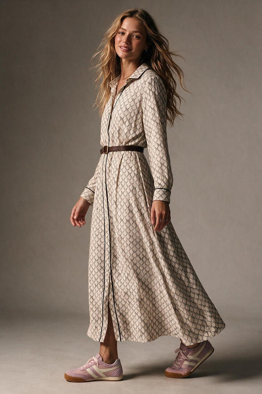 Cream Horses Printed Woven Piped Belted Maxi Shirt Dress - dress
