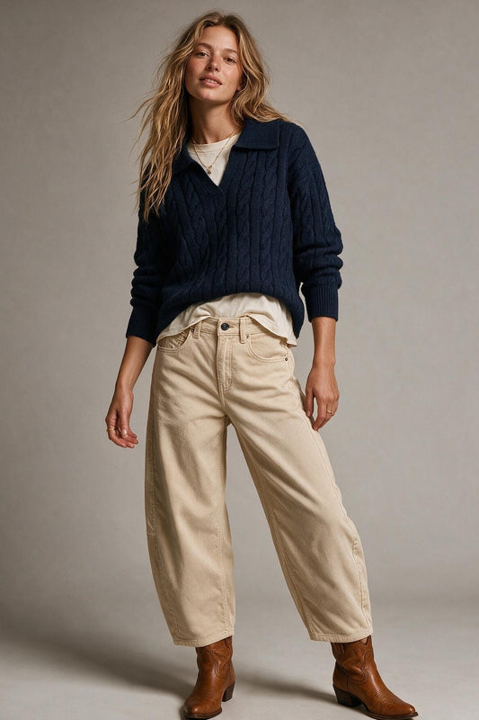 Navy Cable fluffy Knit Polo Collar V-Neck Sweater - jumper