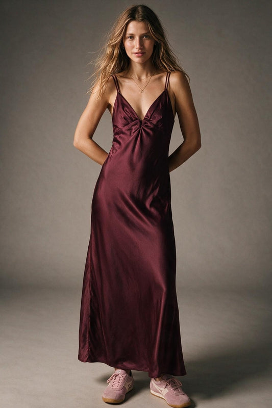 Burgundy Satin Ruched Bust Spaghetti Strap Slip Maxi Dress - dress