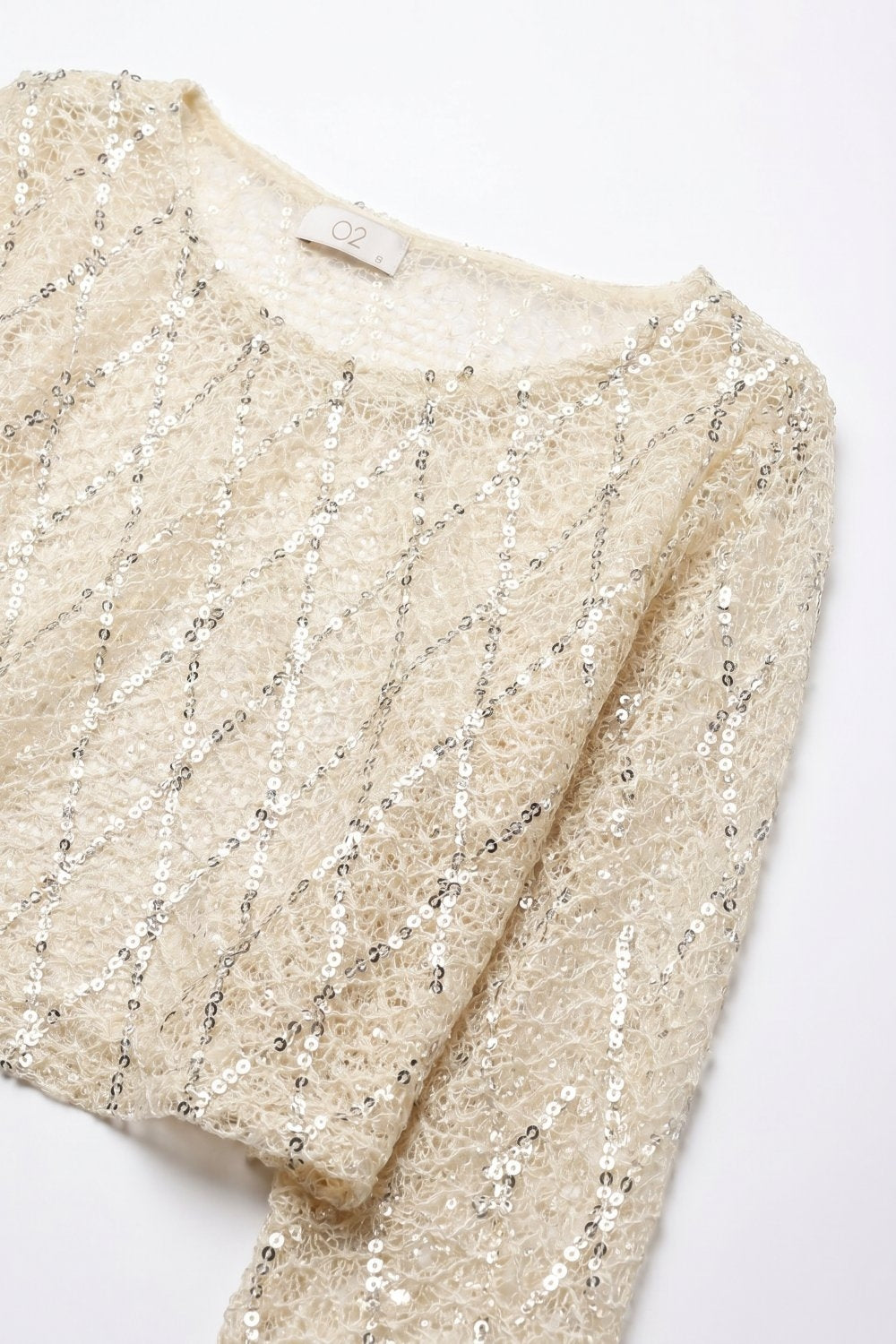 Beige Sheer Mesh Sequin Diamond Cropped Long Sleeve Top - top