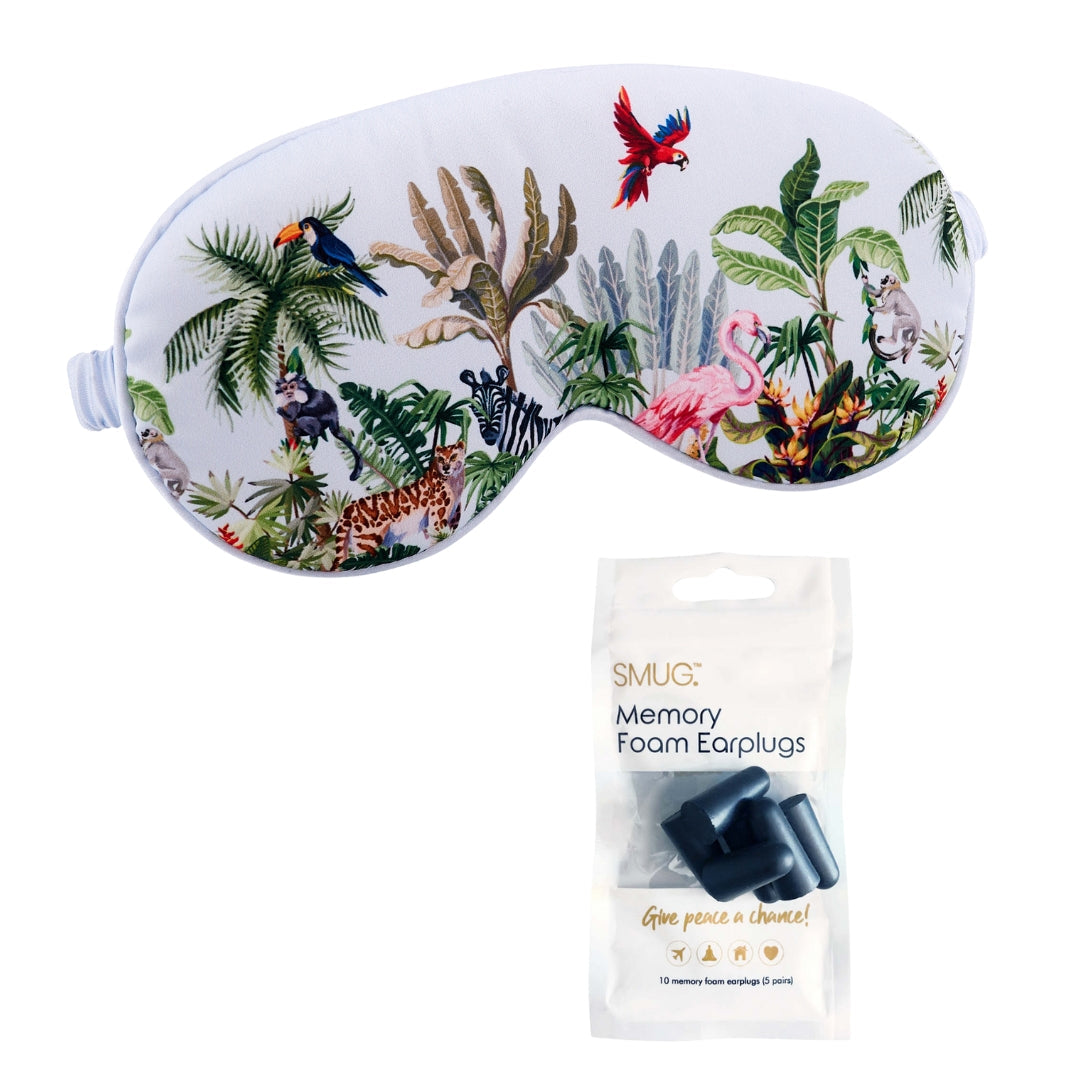 Satin Sleep Mask - Jungle Print Sleep Mask & Black Earplugs - Satin Sleep Mask