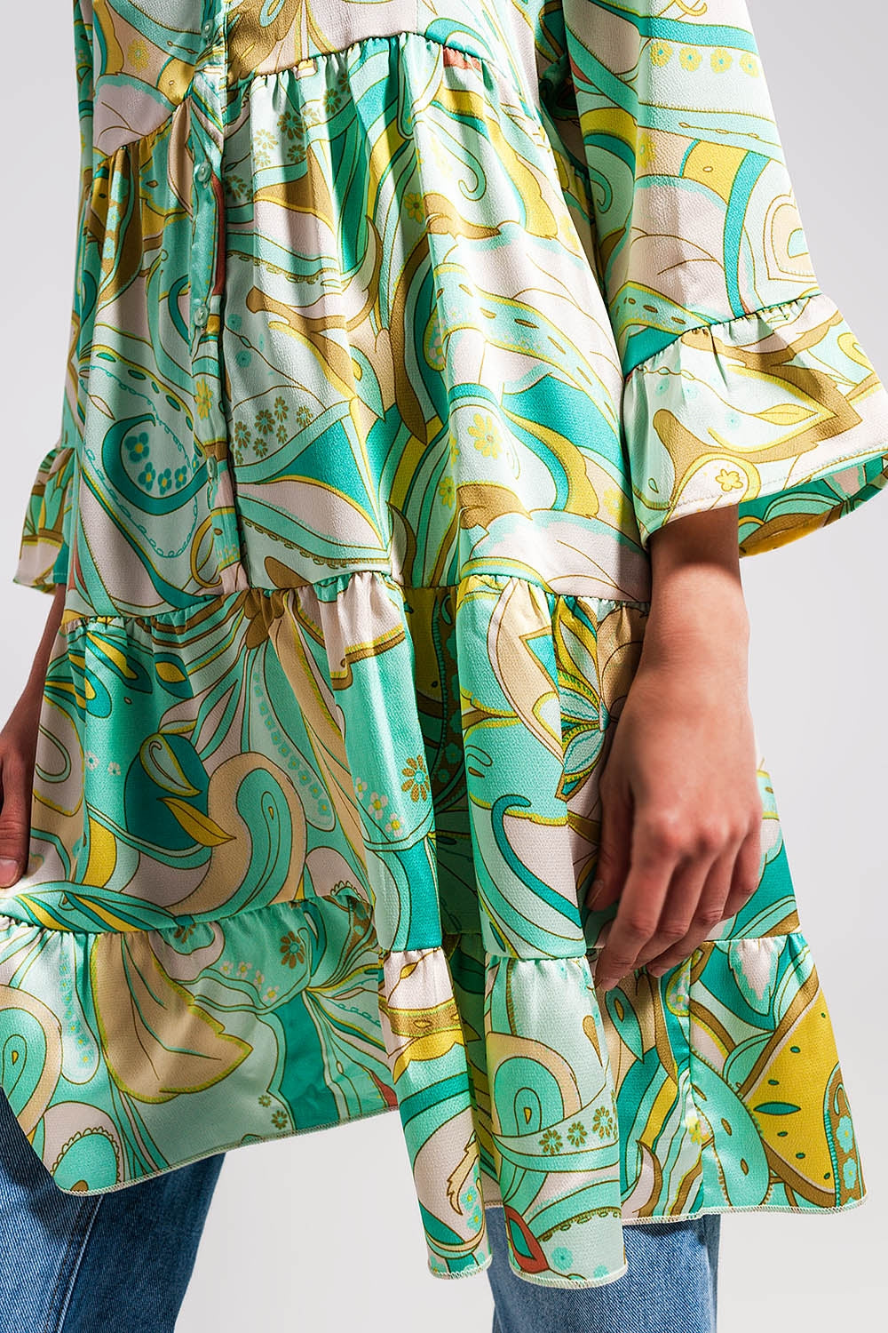 3/4 sleeve mini dress in green - Dresses