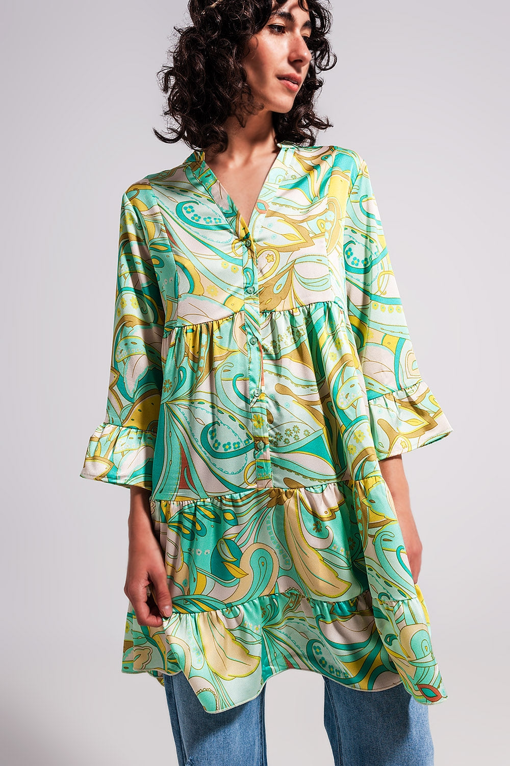 3/4 sleeve mini dress in green - Dresses