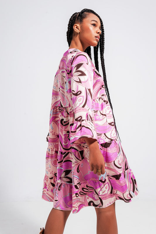 3/4 sleeve mini dress in pink - Dresses