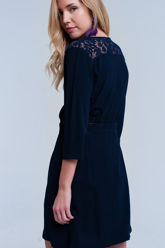 Navy wrap dress with lace detail - dress