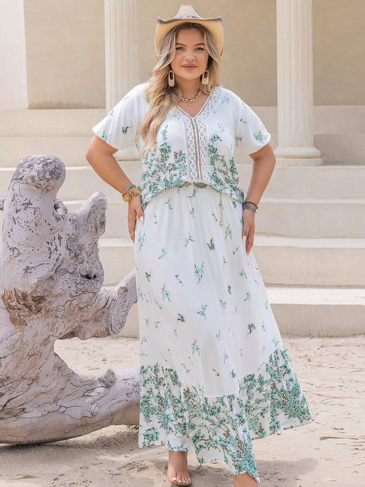 Plus Size Printed Lace Detail Short Sleeve Top and Skirt Set - Outfit Sets