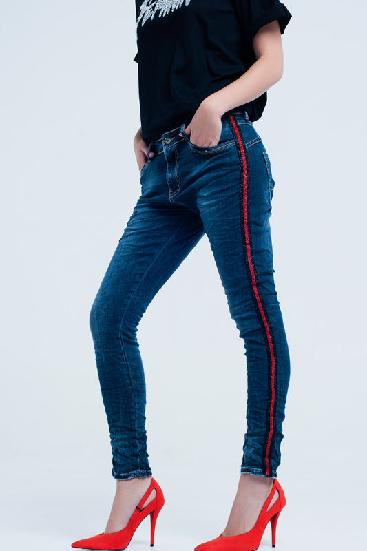 Dark blue boyfriend jeans with red sideband - Denim