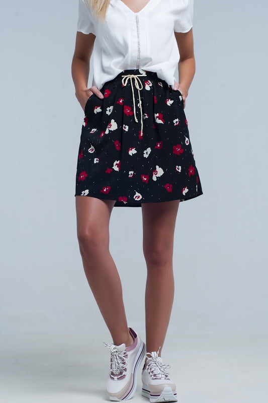 Black mini skirt with floral pattern