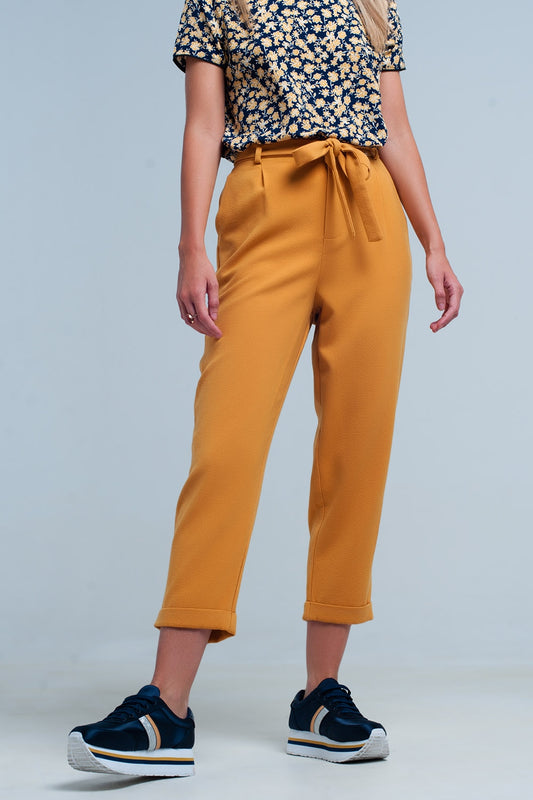 mustard high waisted pants with belt - trousers