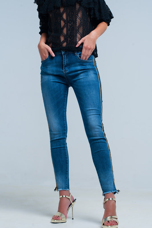 Blue denim pants with gold and black sideband - Denim