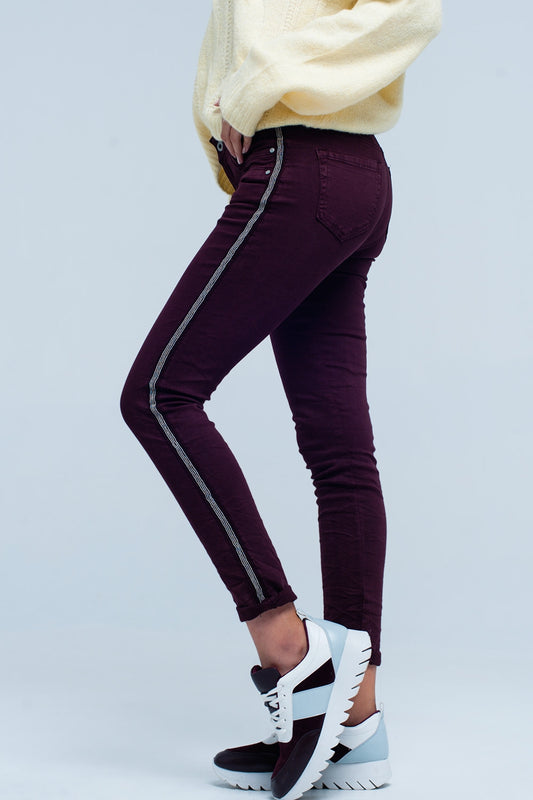 Maroon skinny jeans with metal side stripe - Coloured Jeans