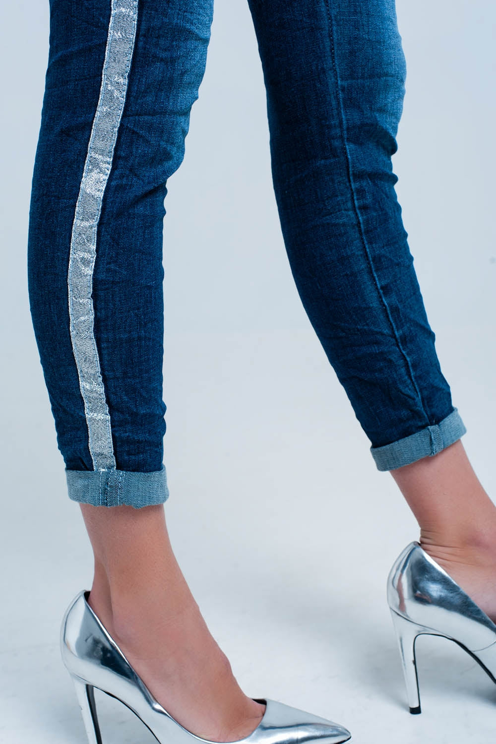 Dark Wash Jeans with Silver Shiny Side Stripe