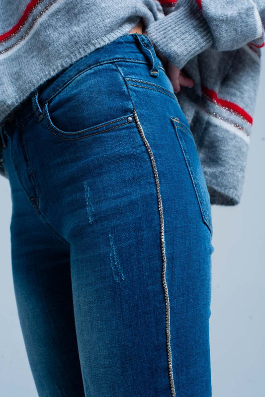 Fringed Skinny Jeans with Strass Side Stripe - Denim