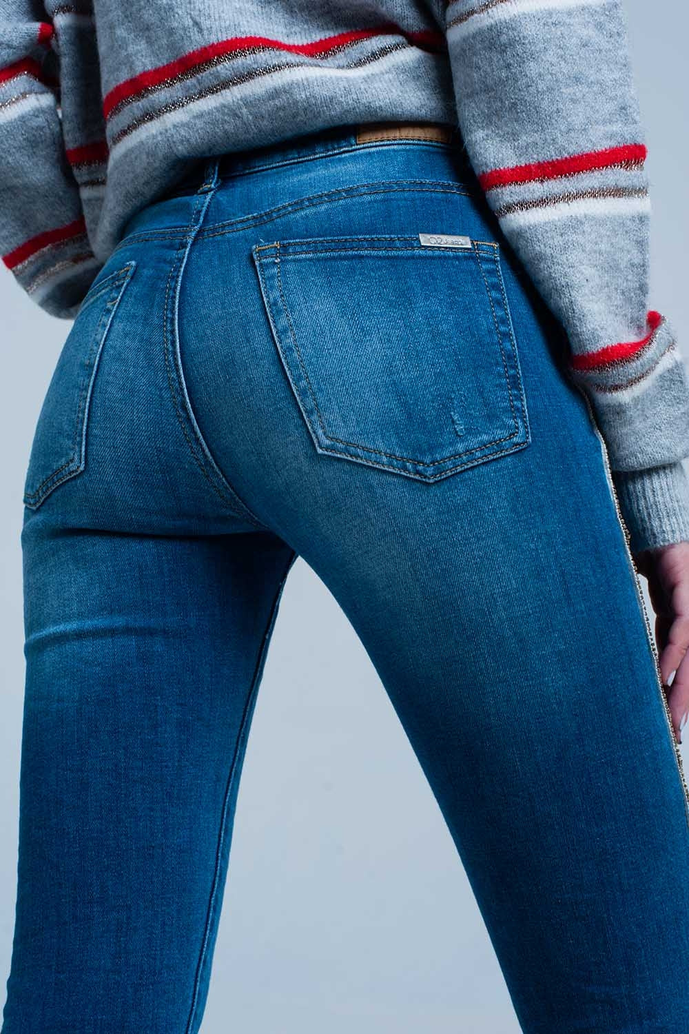 Fringed Skinny Jeans with Strass Side Stripe
