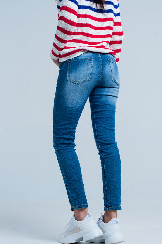Dark Wash Wrinkled Skinny Jeans - Denim