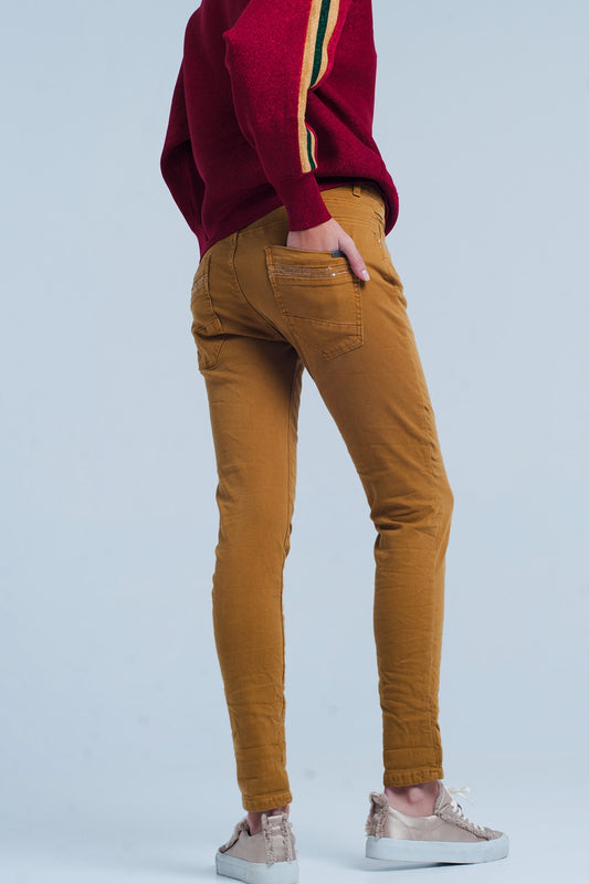 Mustard Skinny Pants with Sequins and Buttons - Coloured Jeans