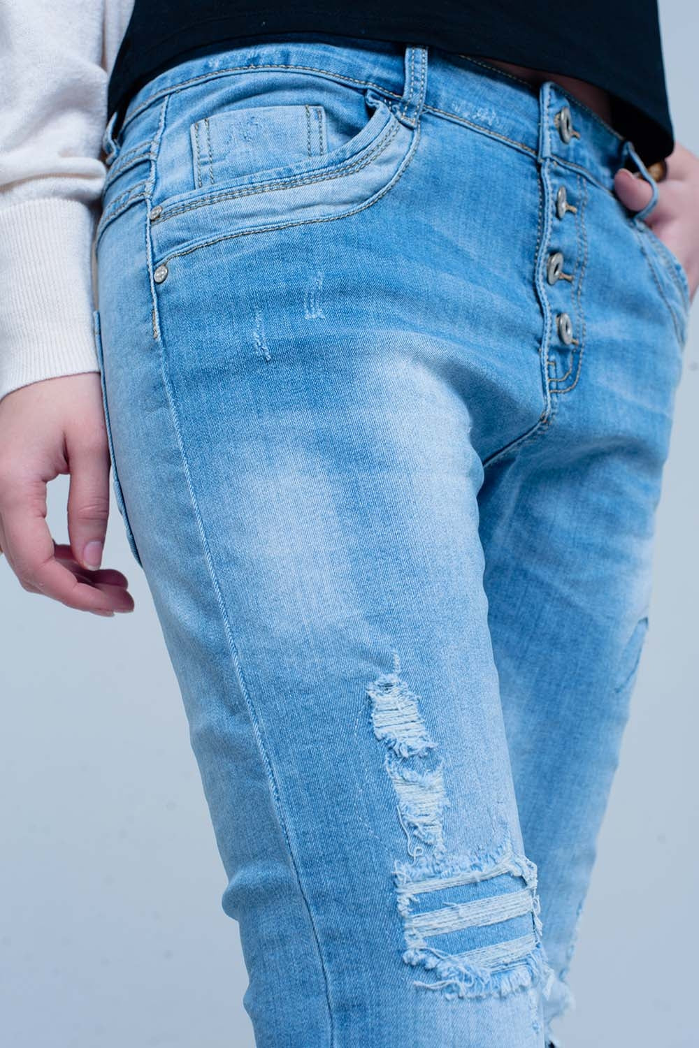 Blue Slashed Boyfriend Jeans - Denim