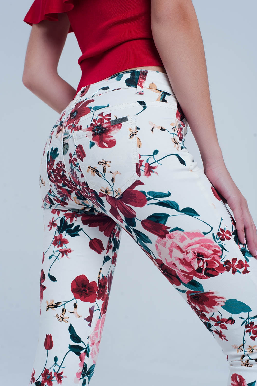 White jeans with roses print - Coloured Jeans