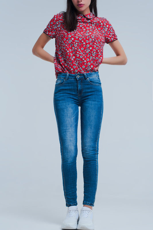 Mid wash jeans with glitter side stripe - Denim