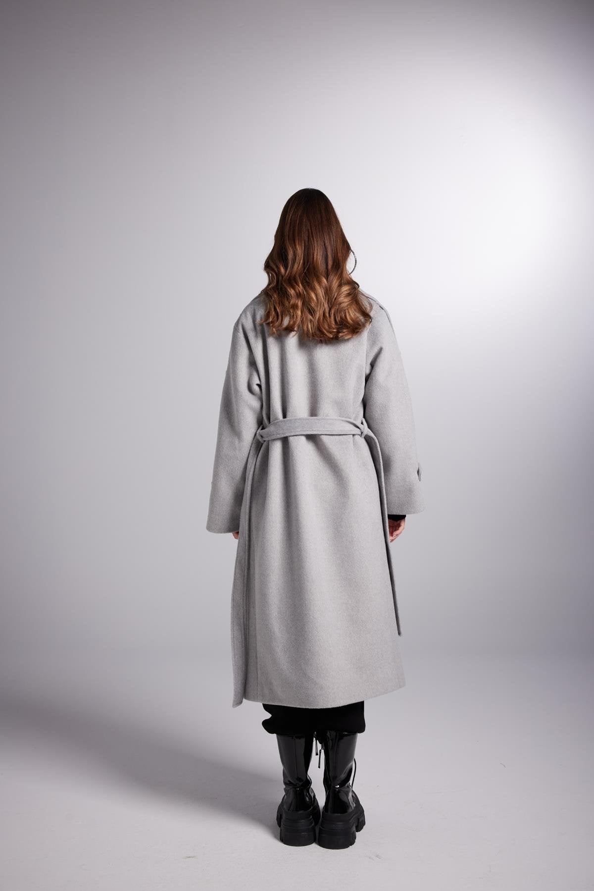 Accessorized Wool Blended Cashmere Maxi Woody Grey Coat - Trench Coats