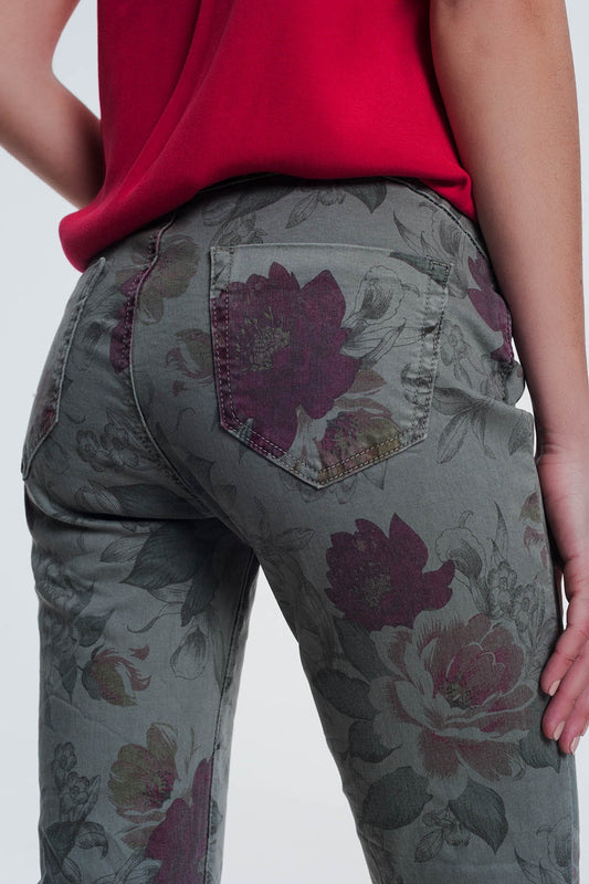 khaki boyfriend jeans with floral print - Coloured Jeans