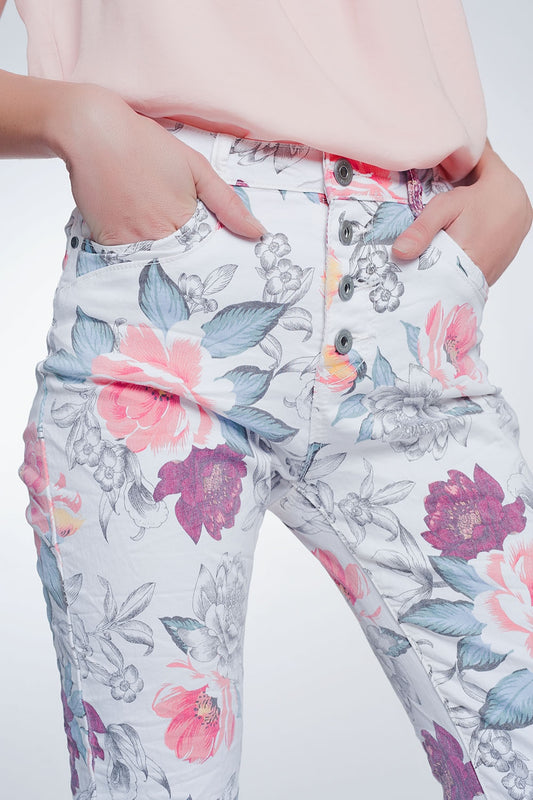 White boyfriend jeans with floral print - Coloured Jeans