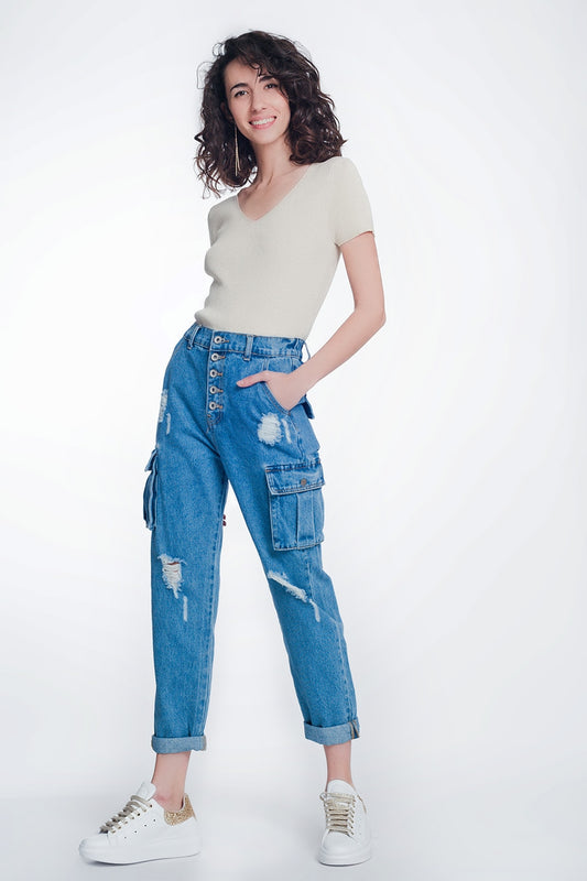 Light denim straight jeans ripped with side pockets - Denim