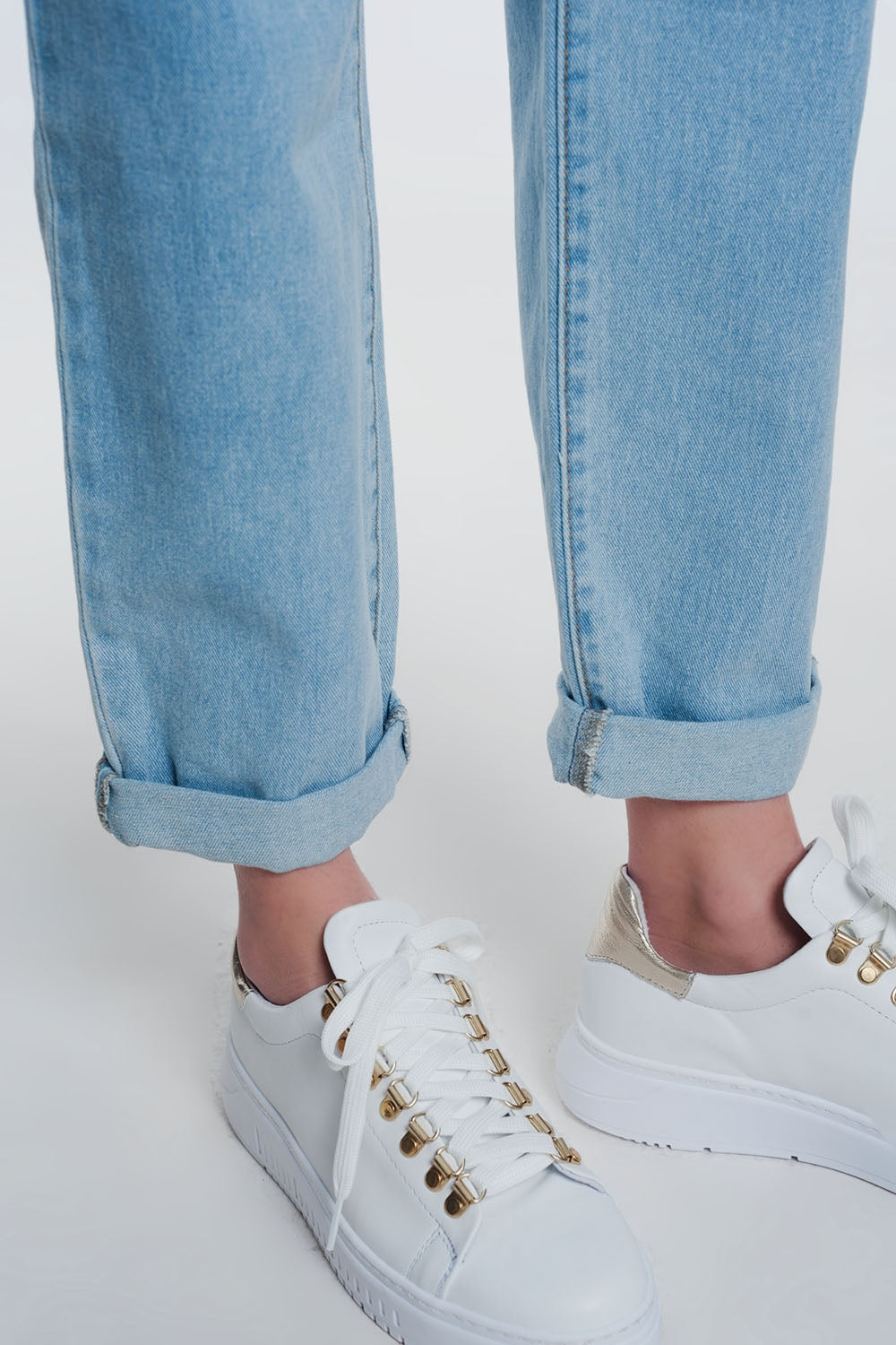Light denim straight jeans with folded waist