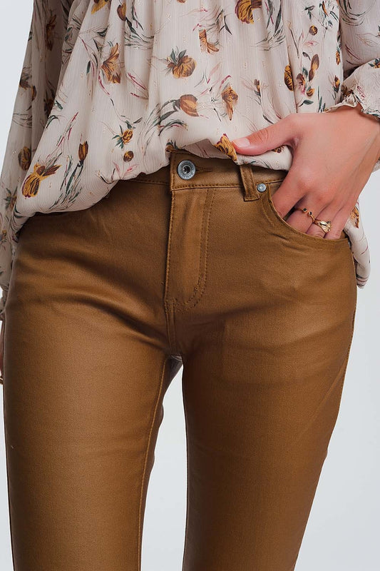 coated skinny pants in camel - trousers