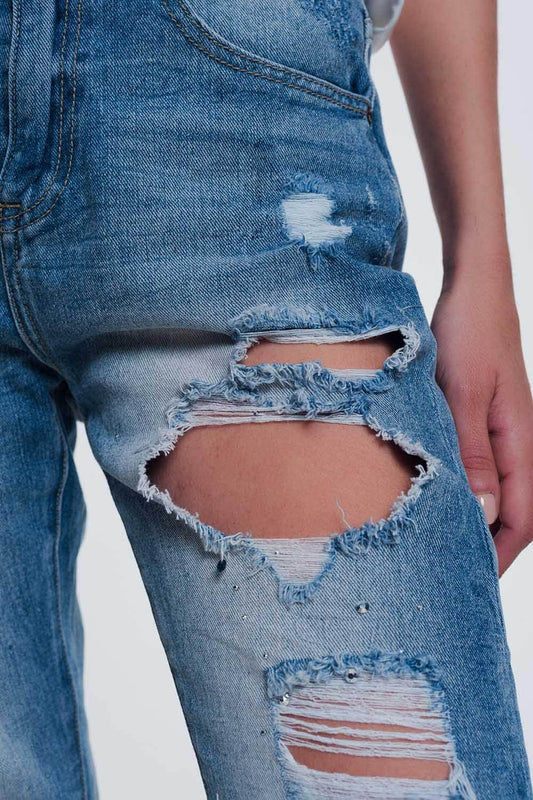 Heavily torn straight jeans in light denim - Denim
