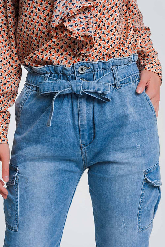 Paperbag tie waist jeans in light blue - Denim