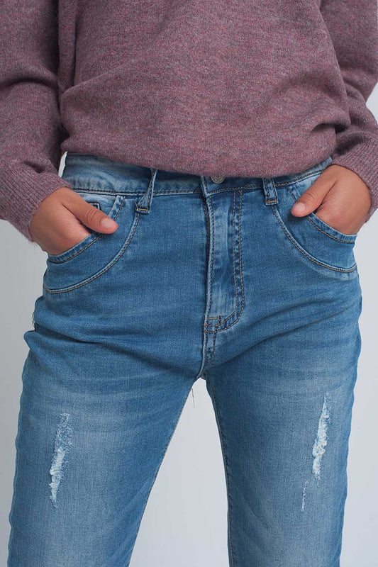 Fine denim ripped boyfriend jean in mid wash - Denim