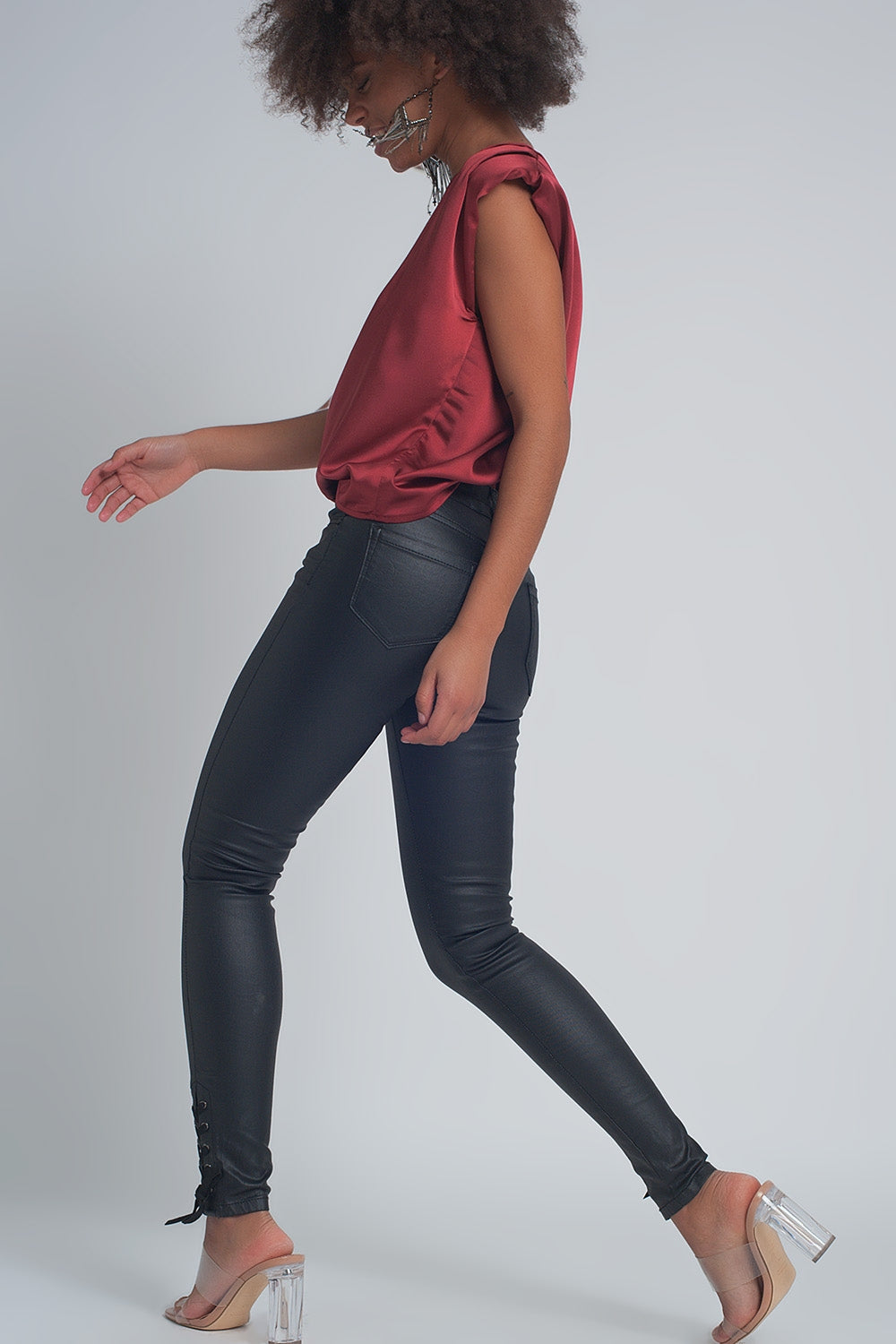 Black leather effect trousers with hem lace-up - trousers