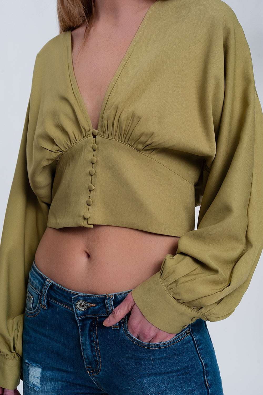 Top with puff sleeves in green - Shirts, top
