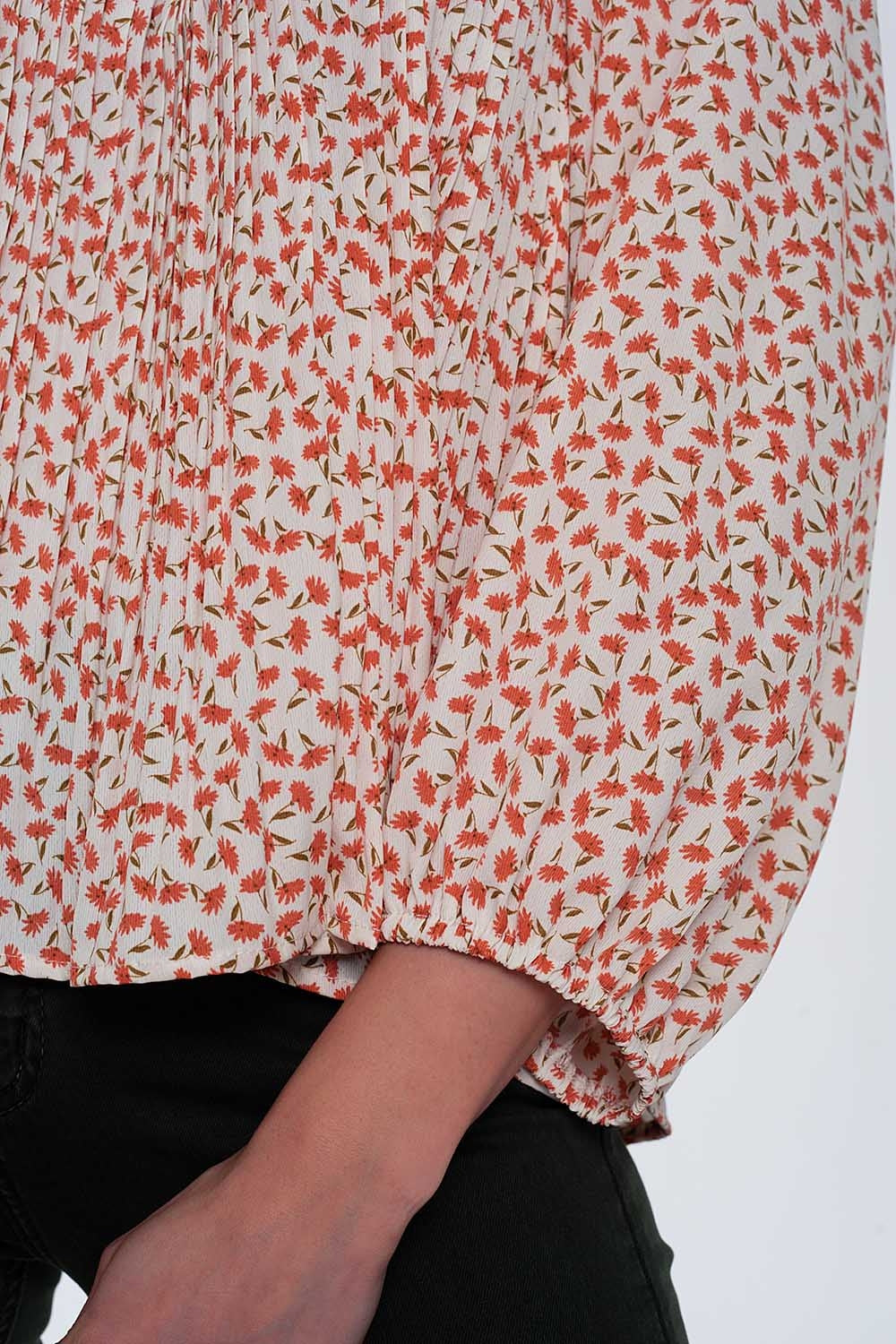 puff sleeve top with square neck in coral floral print