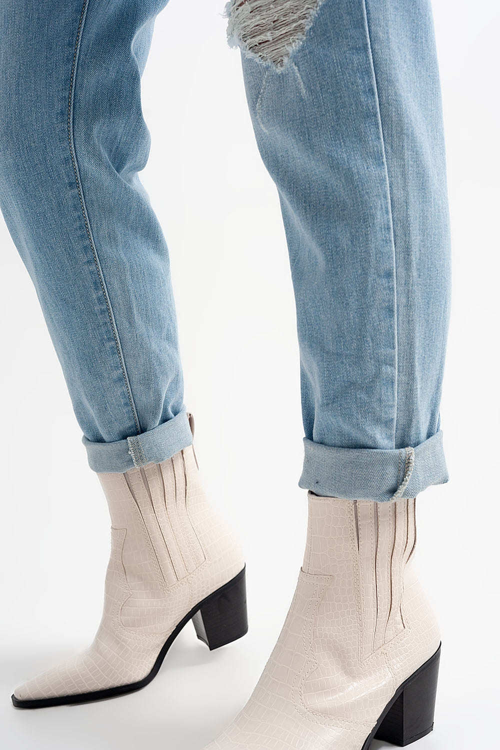 Jean with double waistband in blue with rips - Denim