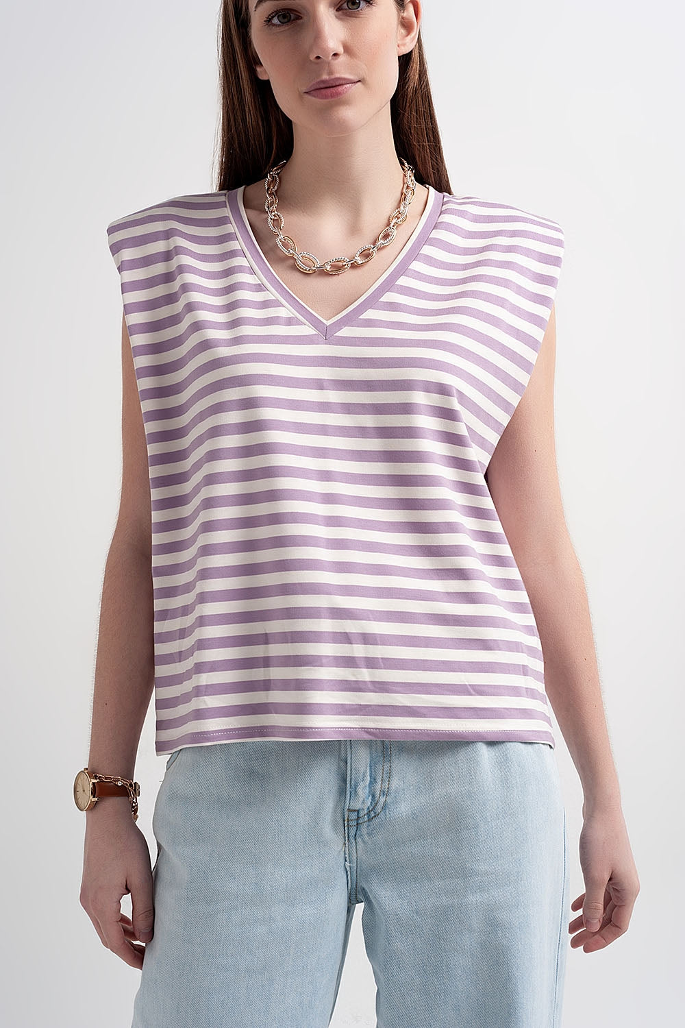 sleeveless t-shirt with shoulder pad in purple stripe - top